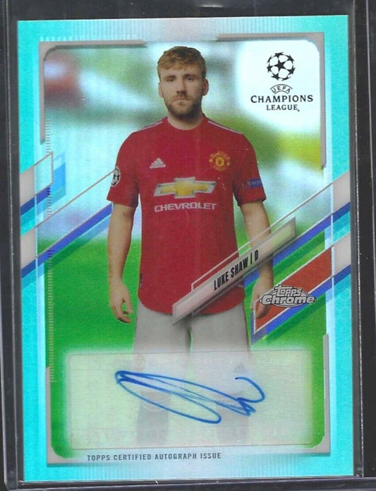 LUKE SHAW 2020-21 TOPPS CHROME UEFA AQUA REFRACTOR AUTO #D 001/199