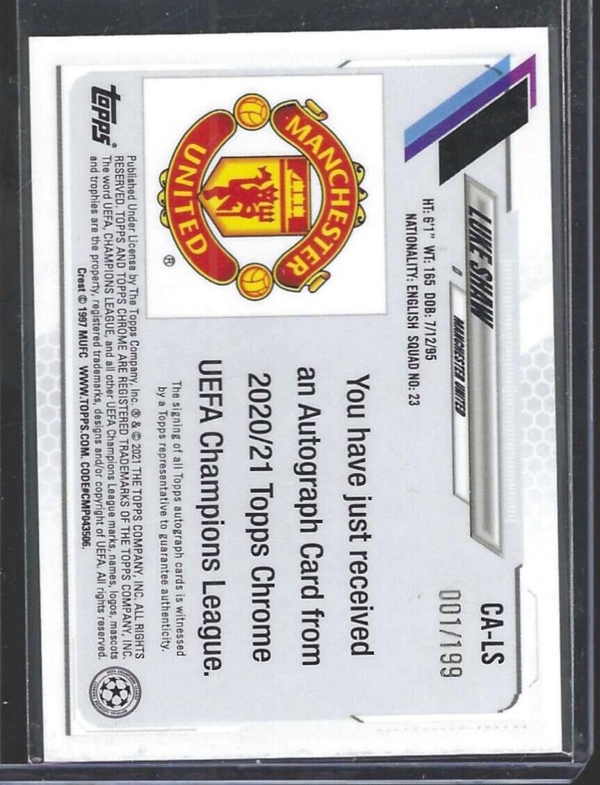 LUKE SHAW 2020-21 TOPPS CHROME UEFA AQUA REFRACTOR AUTO #D 001/199