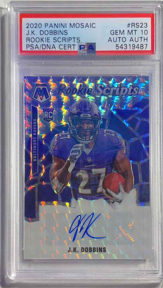 J.K. DOBBINS 2020 PANINI MOSAIC ROOKIE SCRIPTS AUTO RC #23 PSA 10 GEM MINT POP 2