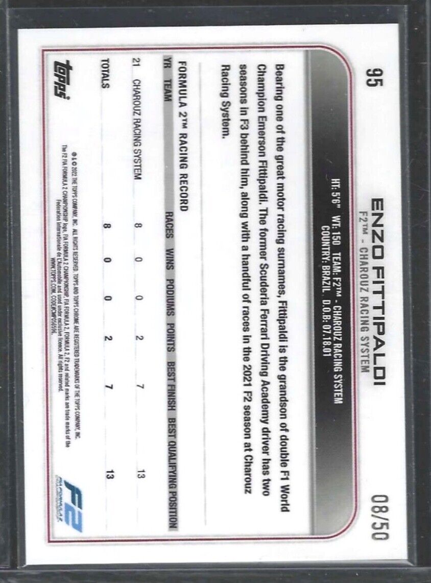 ENZO FITTIPALDI 2022 TOPPS CHROME F1 GOLD REFRACTOR FUTURE STARS #D 08/50