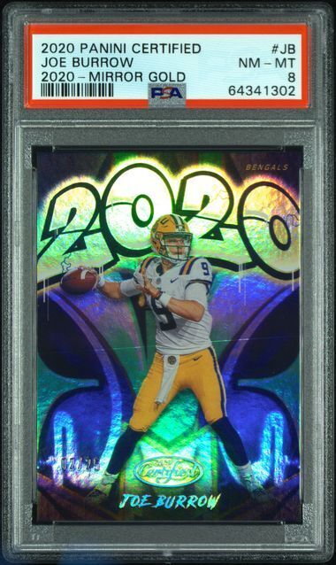 JOE BURROW 2020 PANINI CERTIFIED GRAFFITI MIRROR GOLD RC #D 2/25 PSA 8 POP 2