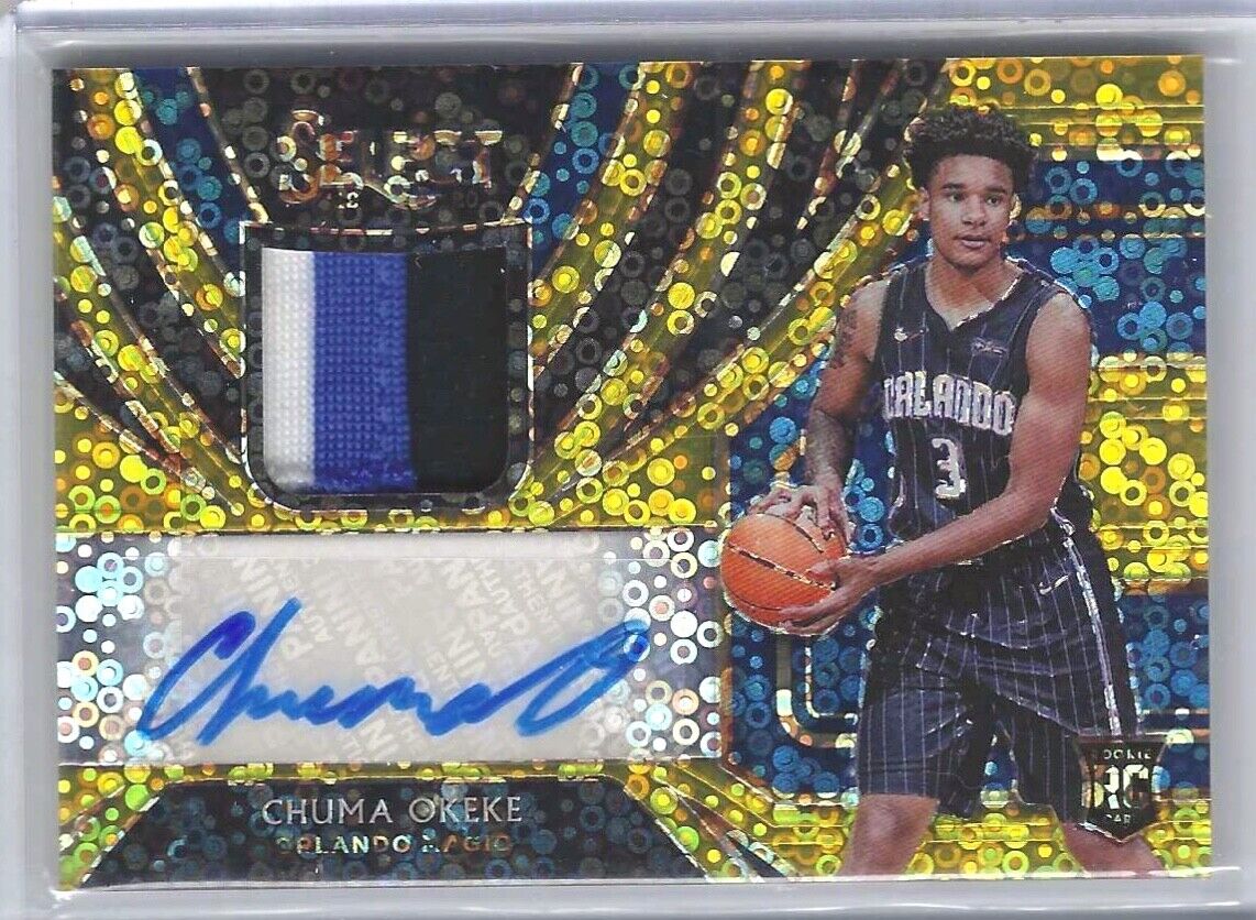 CHUMA OKEKE 2019-20 PANINI SELECT GOLD DISCO PRIZM ROOKIE PATCH AUTO RC #D 01/10