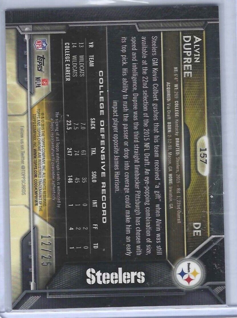 ALVIN BUD DUPREE 2015 TOPPS CHROME BLACK REFRACTOR ROOKIE AUTO RC #D 12/25