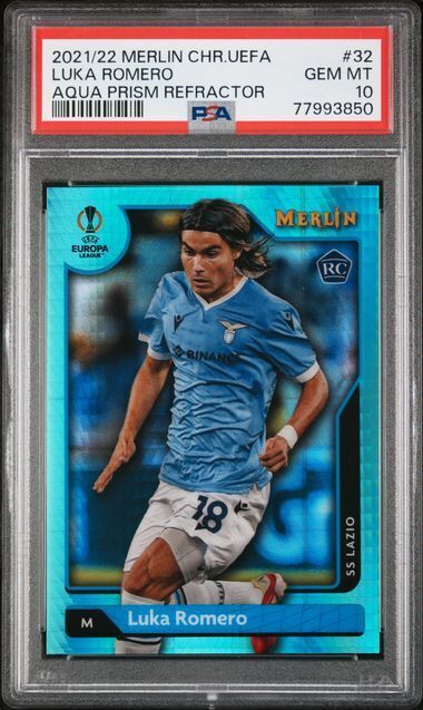 LUKA ROMERO 2021-22 TOPPS MERLIN CHROME UEFA AQUA PRISM REFRACTOR RC PSA 10 GEM