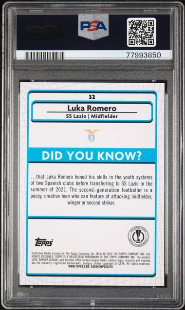 LUKA ROMERO 2021-22 TOPPS MERLIN CHROME UEFA AQUA PRISM REFRACTOR RC PSA 10 GEM