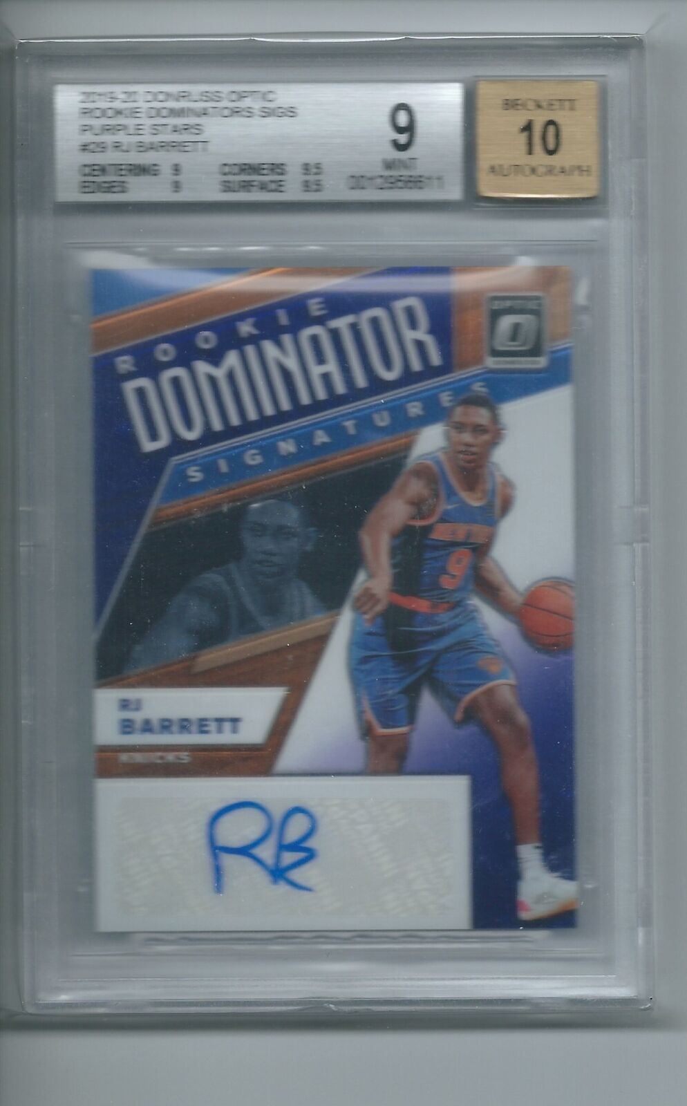 RJ BARRETT 2019 DONRUSS OPTIC ROOKIE DOMINATORS PURPLE STARS AUTO RC /29 BGS 9