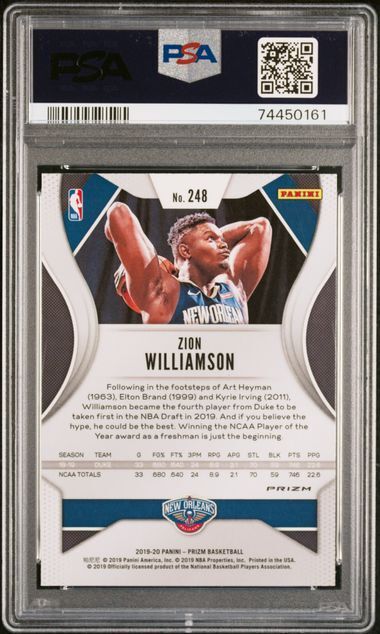 ZION WILLIAMSON 2019-20 PANINI PRIZM GREEN ROOKIE PRIZMS RC #248 PSA 9 MINT