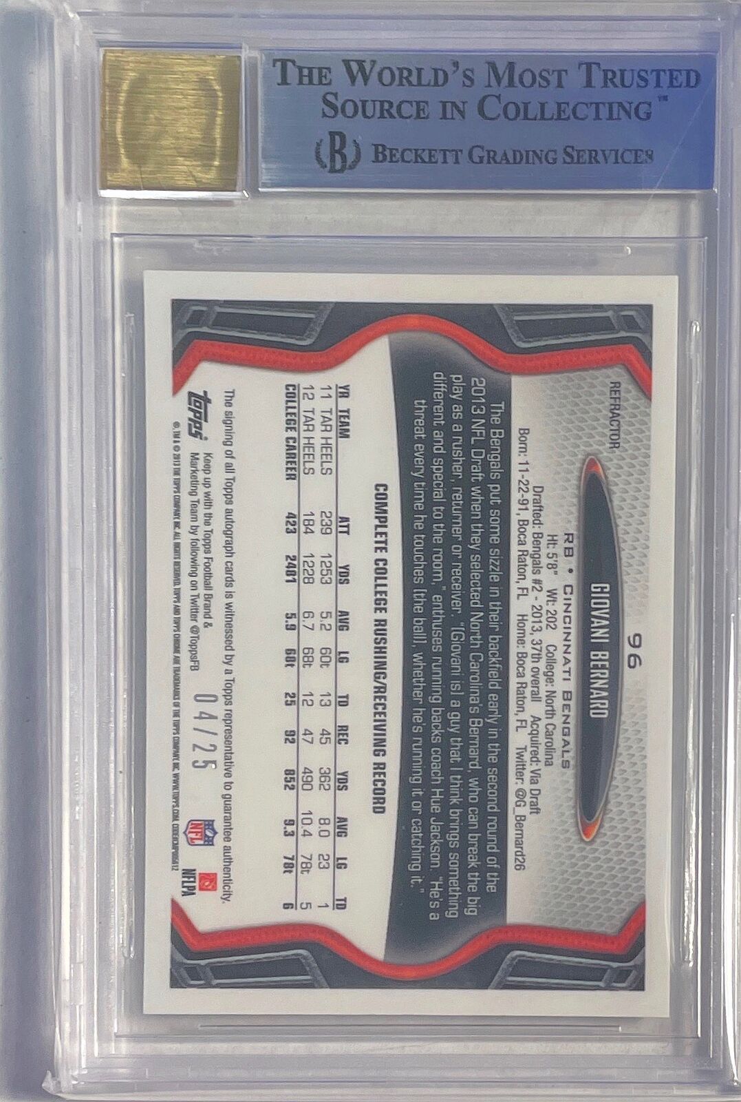 GIOVANI BENARD 2013 TOPPS CHROME BLACK REFRACTOR AUTO RC #D 04/25 BGS 9 10 POP 4
