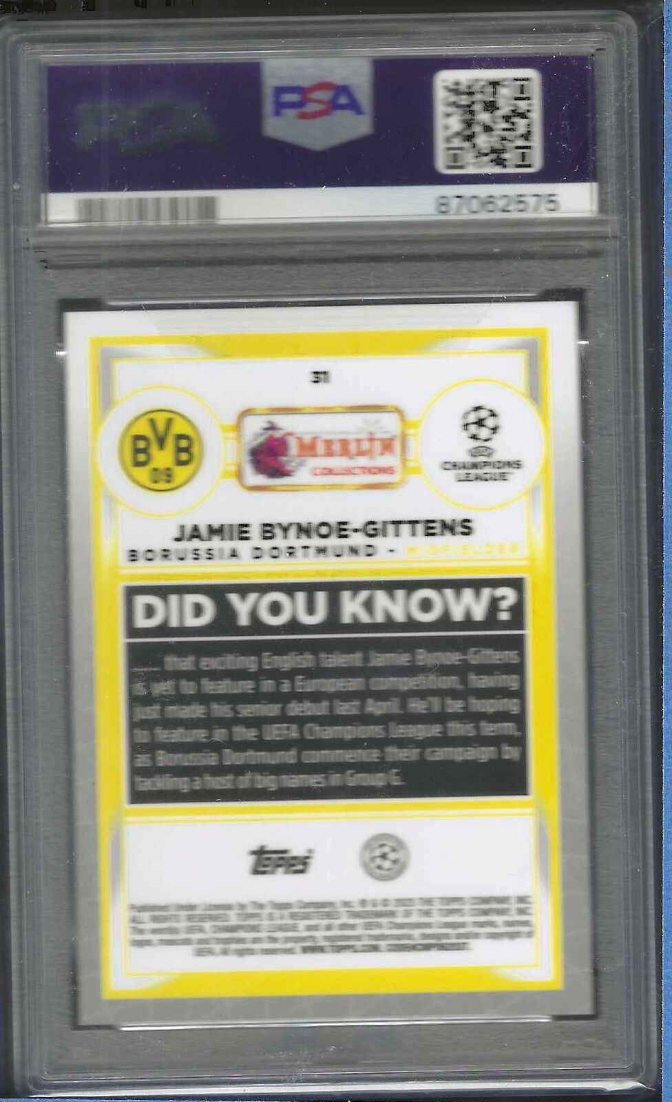 JAMIE BYNOE-GITTENS 2022-23 TOPPS MERLIN BLUE SHIMMER REF RC /75 PSA 10 POP 2