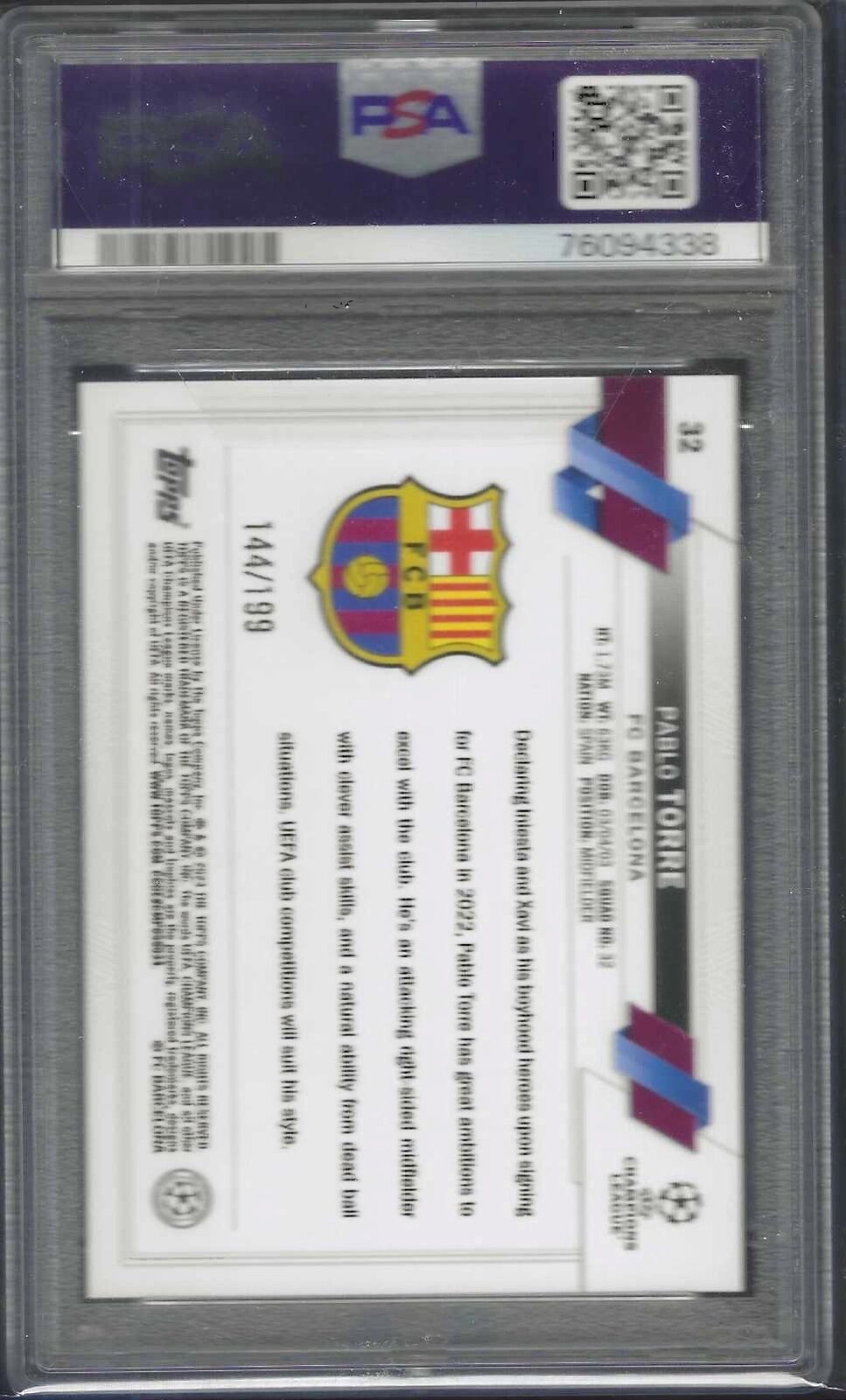 PABLO TORRE 2022-23 TOPPS UEFA NEON GREEN FOIL RC /199 PSA 10 GEM MINT POP 2