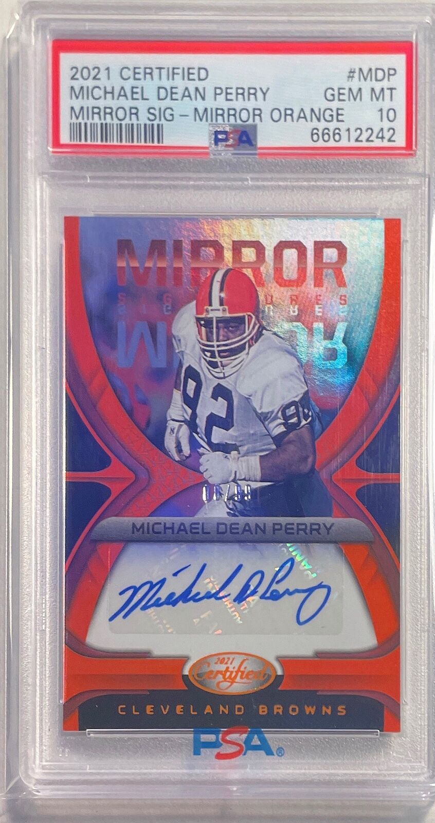 MICHAEL DEAN PERRY 2021 CERTIFIED MIRROR ORANGE AUTO #D 08/99 PSA 10 GEM POP 1/1