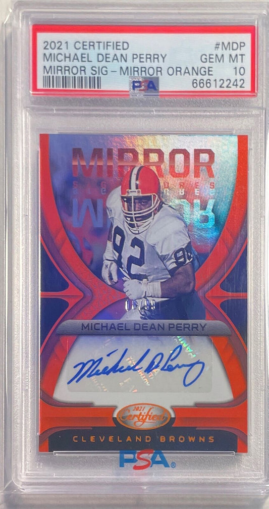 MICHAEL DEAN PERRY 2021 CERTIFIED MIRROR ORANGE AUTO #D 08/99 PSA 10 GEM POP 1/1