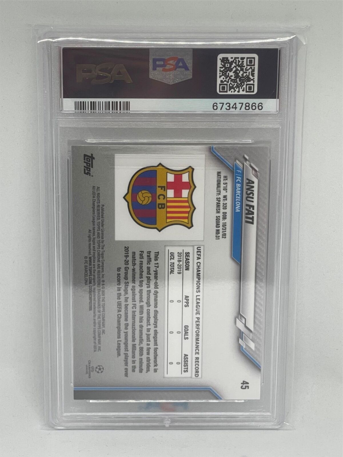ANSU FATI 2019-20 TOPPS CHROME UEFA CHAMPIONS LEAGUE #45 ROOKIE RC PSA 10 GEM MT
