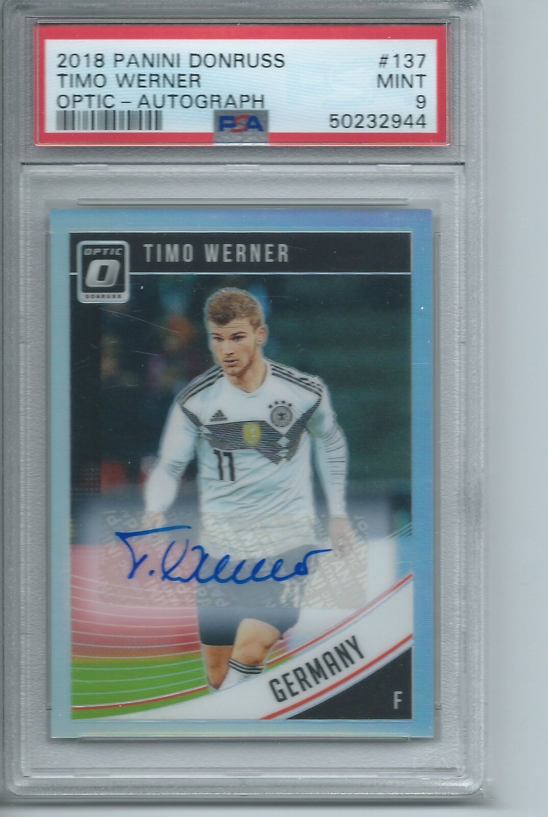 TIMO WERNER 2018-19 PANINI DONRUSS OPTIC SILVER HOLO AUTO #137 PSA 9 MINT