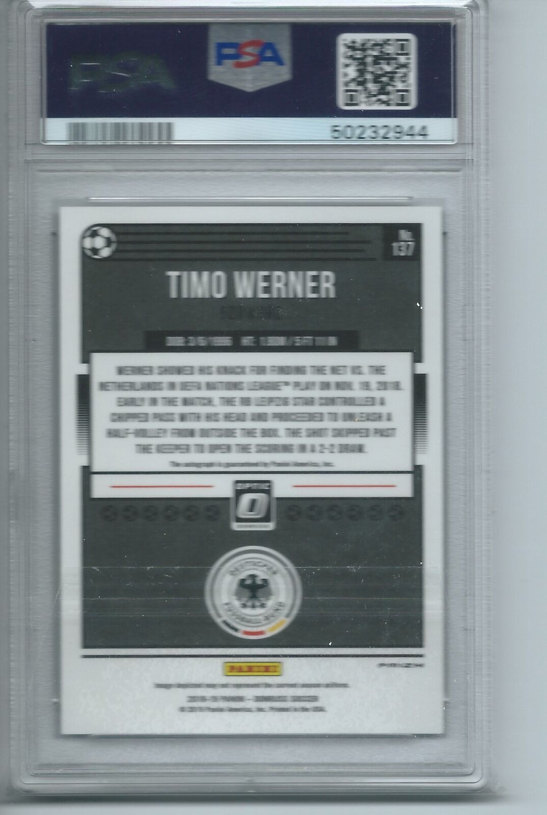 TIMO WERNER 2018-19 PANINI DONRUSS OPTIC SILVER HOLO AUTO #137 PSA 9 MINT