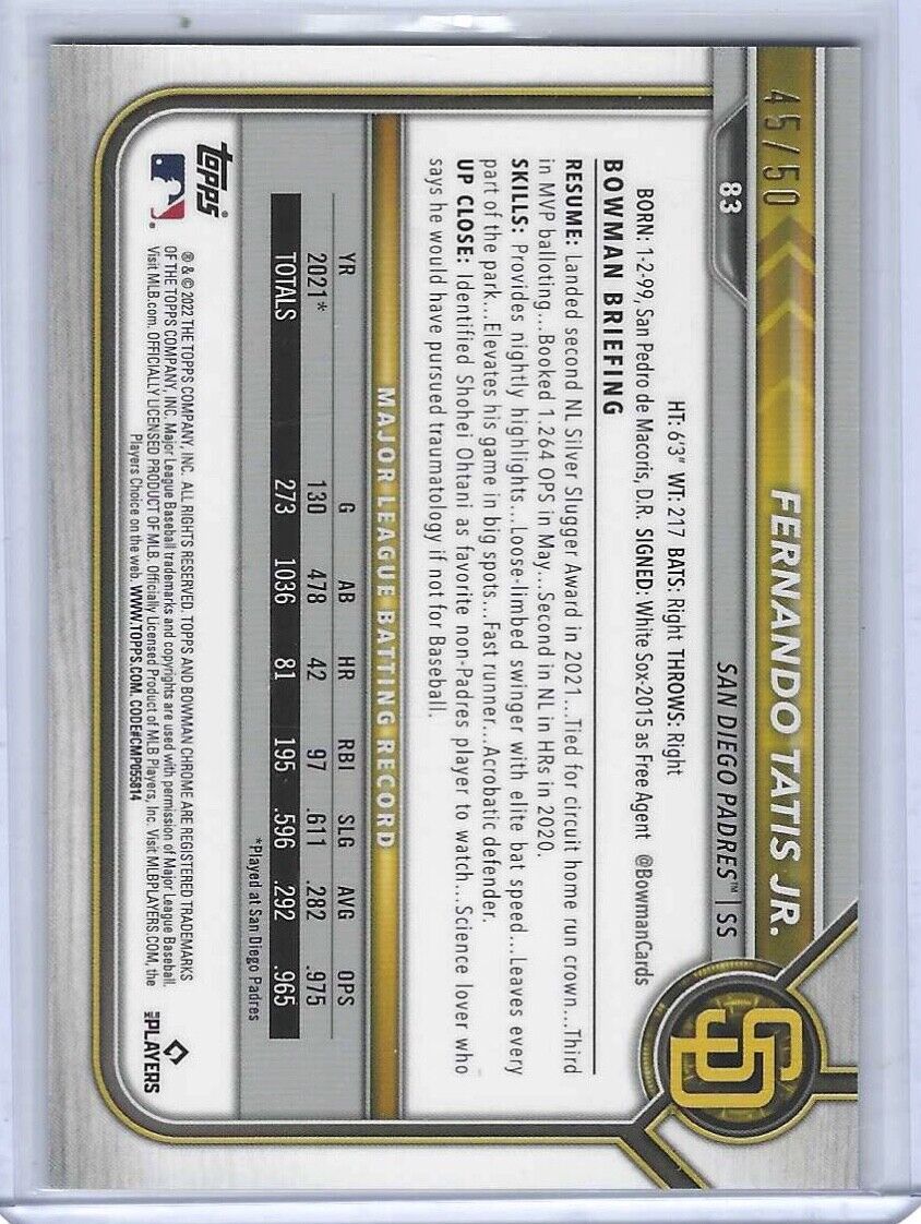 FERNANDO TATIS JR 2022 BOWMAN CHROME GOLD REFRACTOR #D 45/50