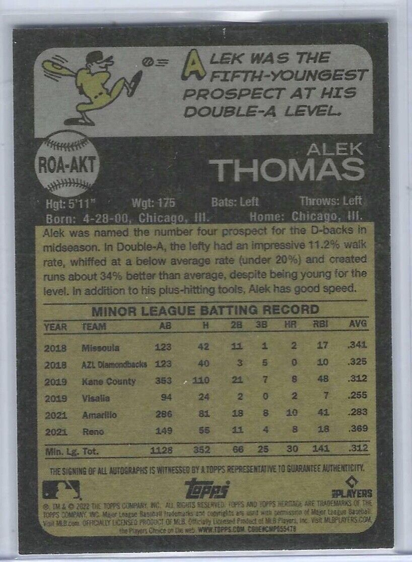 ALEK THOMAS 2022 TOPPS HERITAGE REAL ONE ROOKIE ON CARD AUTO RC #ROA-AKT