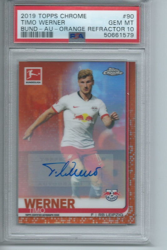 TIMO WERNER 2019-20 TOPPS CHROME BUNDESLIGA ORANGE REFRACTOR AUTO /25 PSA 10 GEM