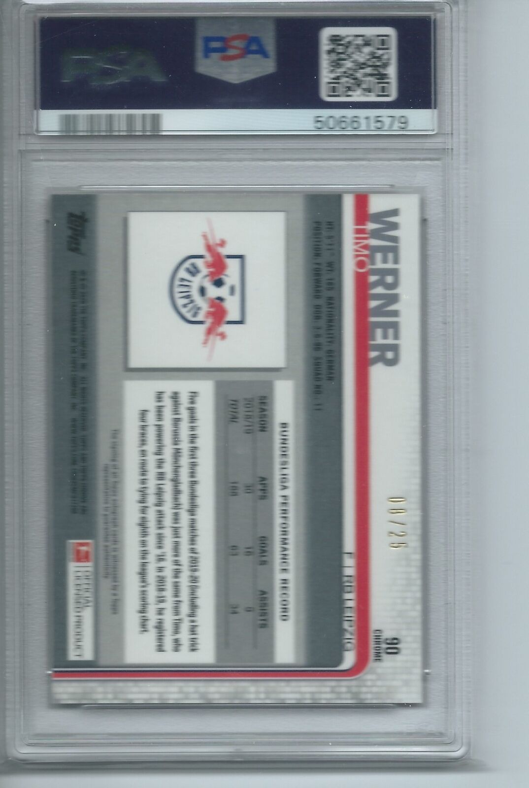 TIMO WERNER 2019-20 TOPPS CHROME BUNDESLIGA ORANGE REFRACTOR AUTO /25 PSA 10 GEM