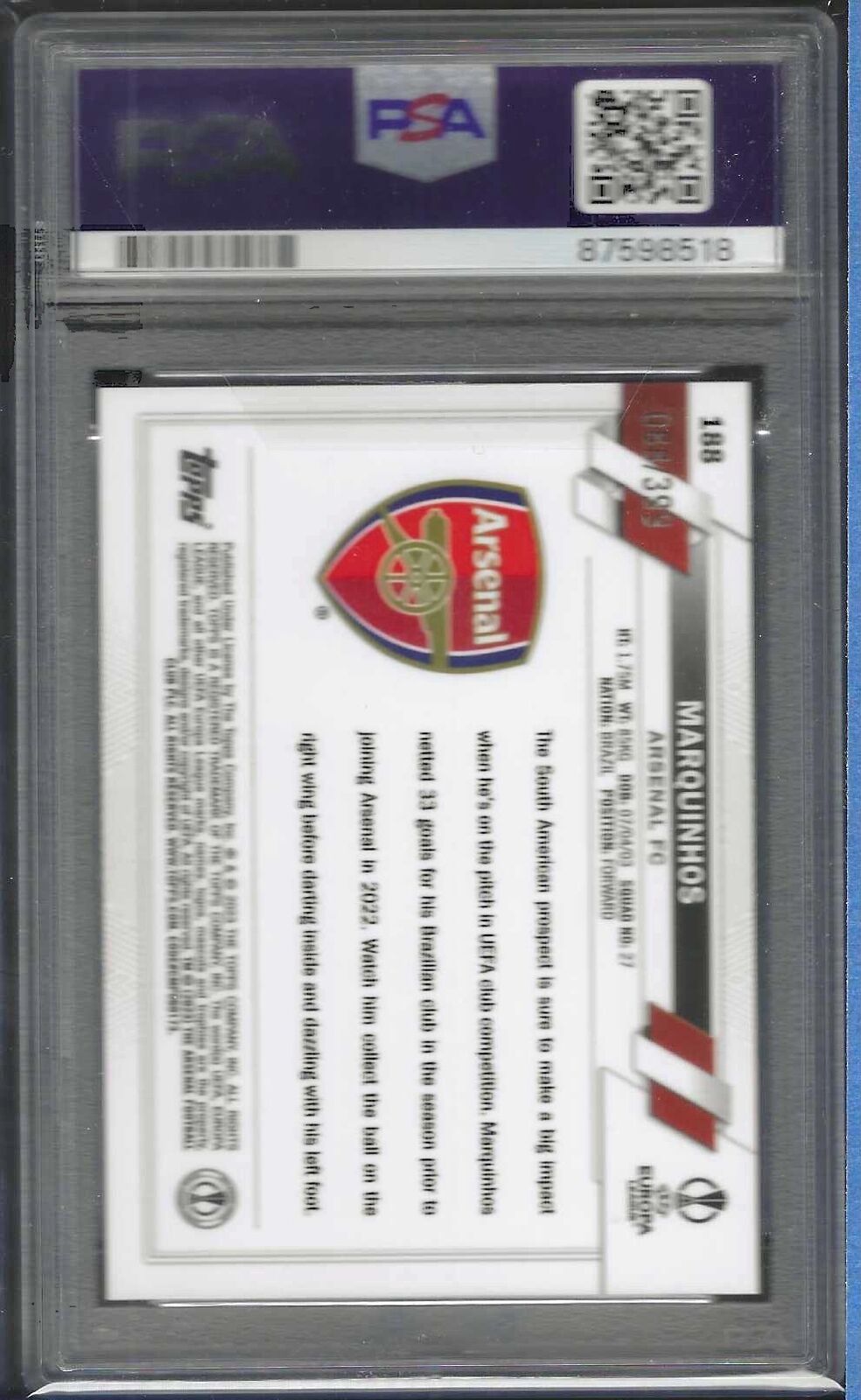 MARQUINHOS 2022-23 TOPPS CHROME GREEN X-FRACTOR REFRACTOR RC /399 PSA 10 POP 1/1