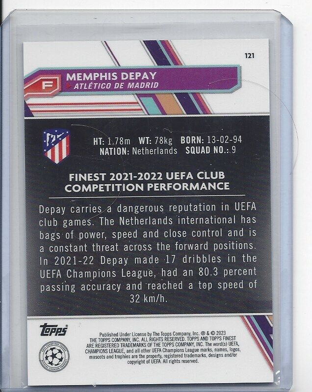 MEMPHIS DEPAY 2022-23 TOPPS FINEST UCL RED REFRACTOR #D 3/10