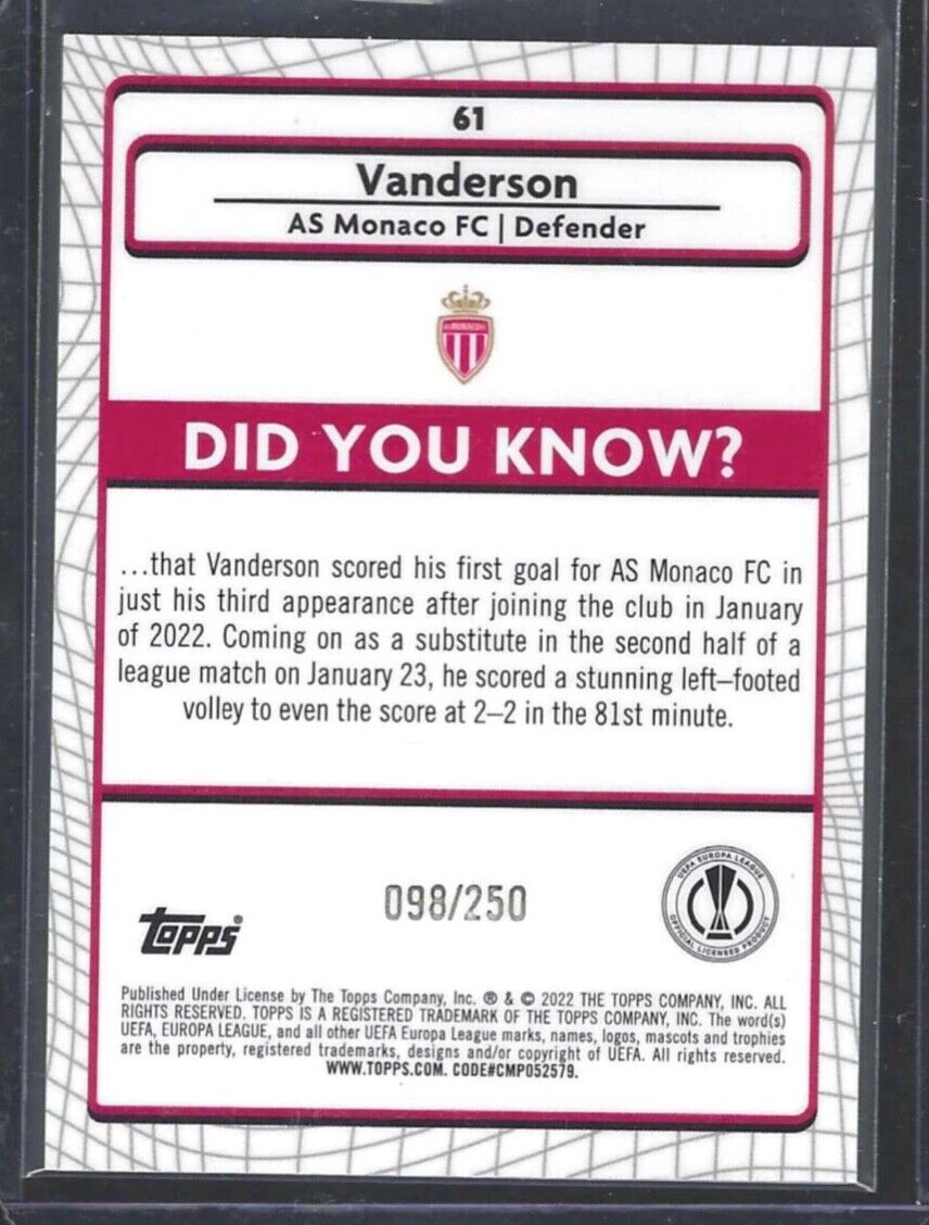VANDERSON 2021-22 TOPPS MERLIN ATOMIC CRACKED ICE REFRACTOR ROOKIE RC #D 098/250