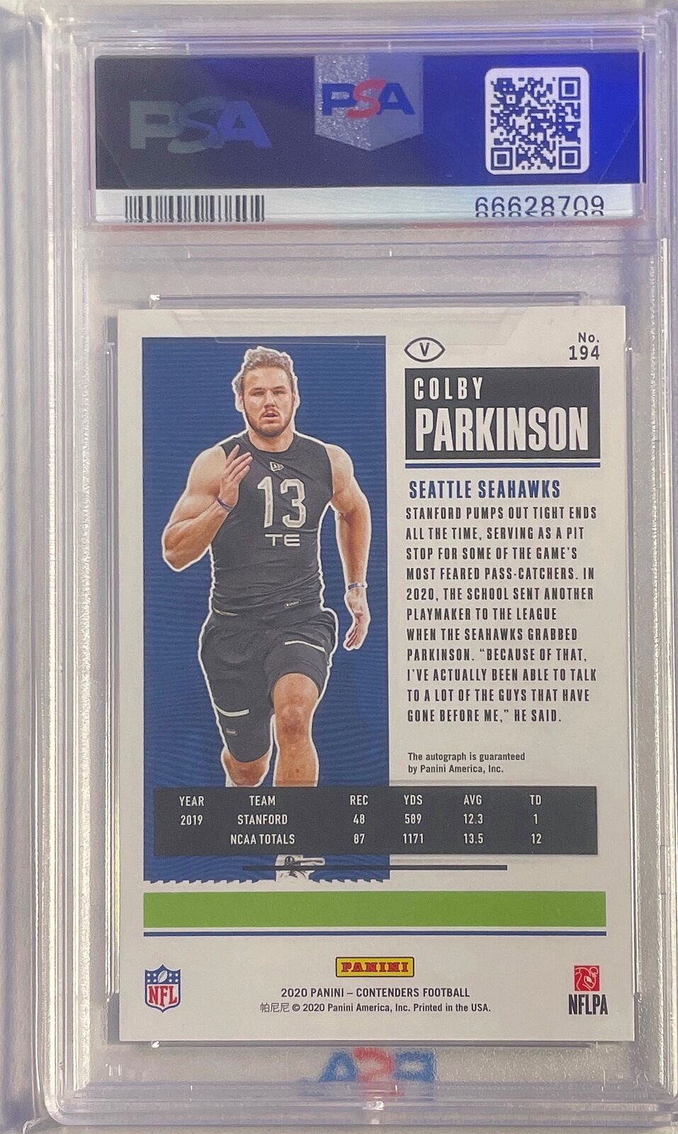 COLBY PARKINSON 2020 CONTENDERS CRACKED ICE AUTO RC #D 19/22 PSA 10 GEM POP 1/1