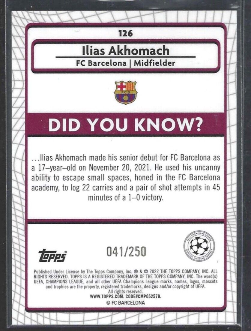 ILIAS AKHOMACH 2021-22 TOPPS MERLIN ATOMIC ICE REFRACTOR ROOKIE RC #D 041/250