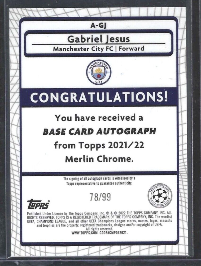 GABRIEL JESUS 2021-22 TOPPS MERLIN UEFA SILVER MOJO REFRACTOR AUTO #D 78/99