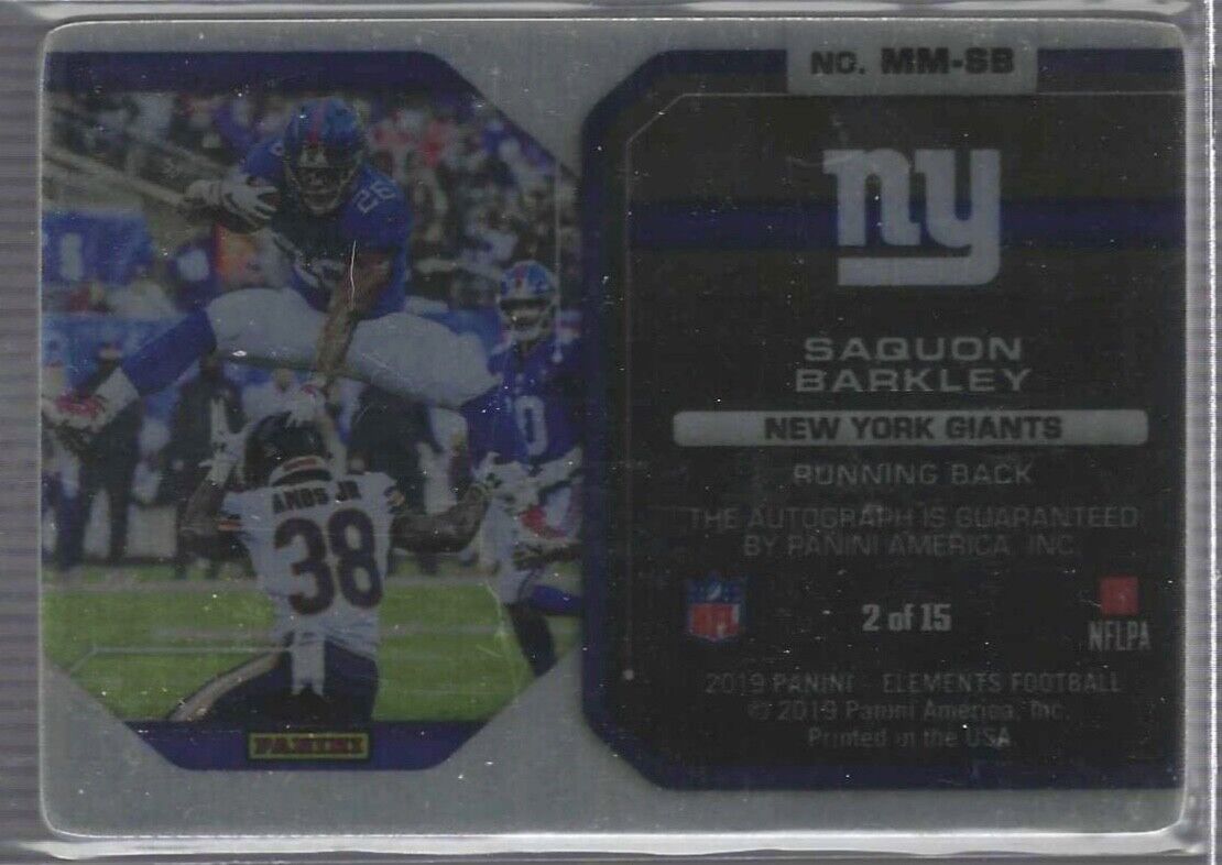 SAQUON BARKLEY 2019 PANINI ELEMENTS METTLE MOMENTS METAL ON CARD AUTO #D 2/15