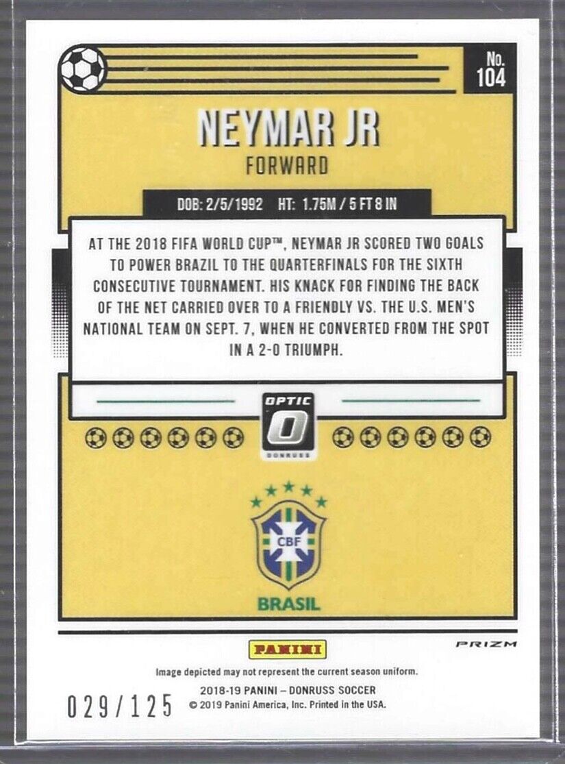 NEYMAR JR 2018-19 PANINI DONRUSS OPTIC PURPLE VELOCITY HOLO PRIZM #D 029/125