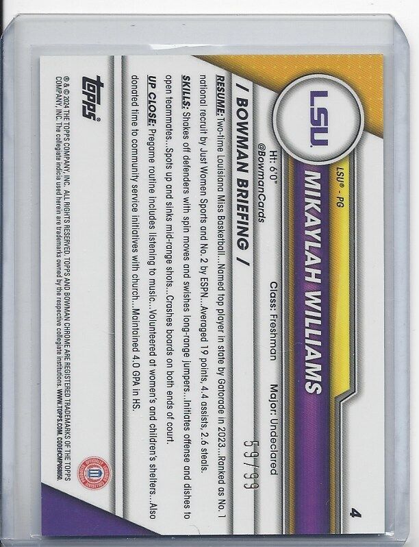 MIKAYLAH WILLIAMS 2023-24 BOWMAN CHROME UNIV 1ST GREEN SHIMMER REFRACTOR #D /99