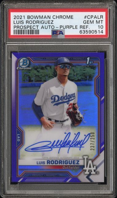 LUIS RODRIGUEZ 2021 BOWMAN CHROME PROSPECT PURPLE REFRACTOR AUTO RC /250 PSA 10