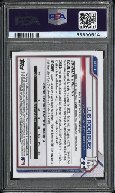 LUIS RODRIGUEZ 2021 BOWMAN CHROME PROSPECT PURPLE REFRACTOR AUTO RC /250 PSA 10