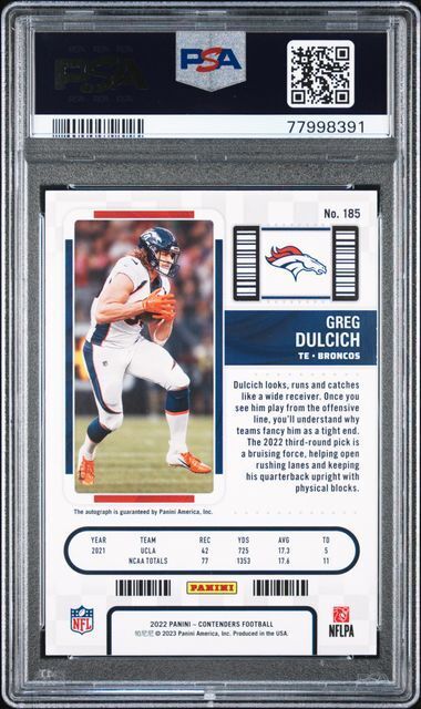 GREG DULCICH 2022 CONTENDERS CRACKED ICE ROOKIE TICKET AUTO RC /22 PSA 10 POP 1