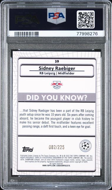 SIDNEY RAEBIGER 2021-22 TOPPS MERLIN CHROME YELLOW WAVE REFRACTOR RC /225 PSA 10