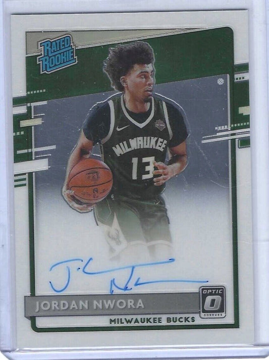 JORDAN NWORA 2020-21 PANINI DONRUSS OPTIC RATED ROOKIE ON CARD AUTO RC #189