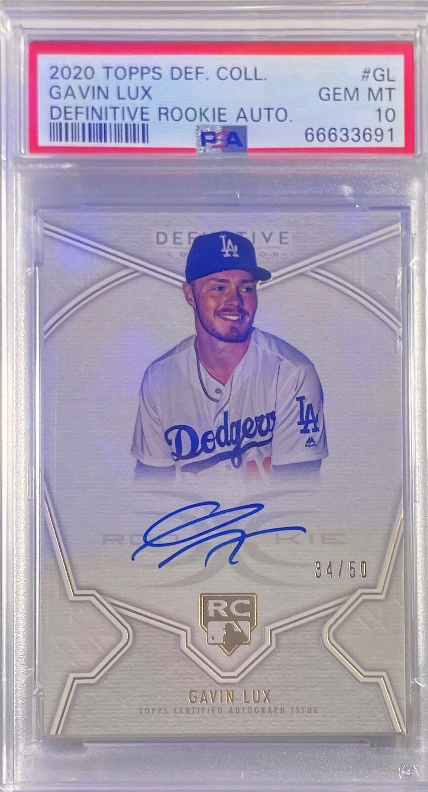 GAVIN LUX 2020 TOPPS DEFINITIVE COLLECTION ROOKIE AUTO RC #D 34/50 PSA 10 POP 2
