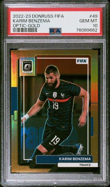 KARIM BENZEMA 2022-23 PANINI DONRUSS FIFA OPTIC GOLD PRIZM #D 7/10 PSA 10 POP 2