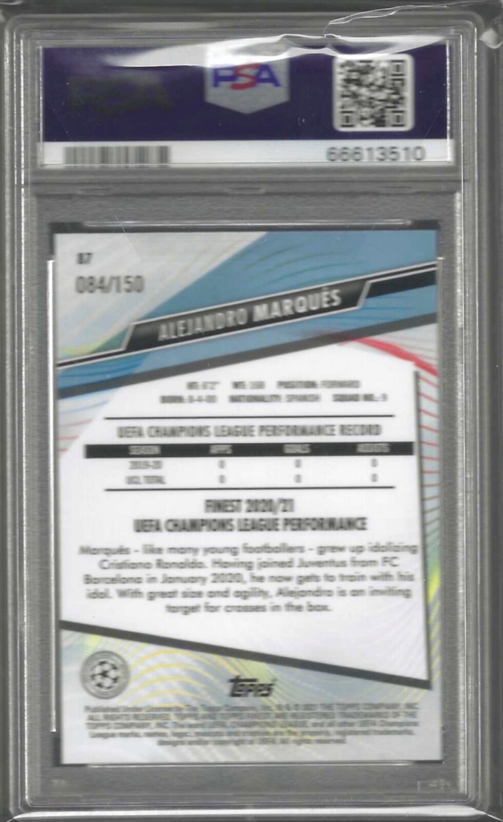 ALEJANDRO MARQUES 2020-21 TOPPS FINEST BLUE REFRACTOR RC /150 PSA 10 GEM POP 1/1