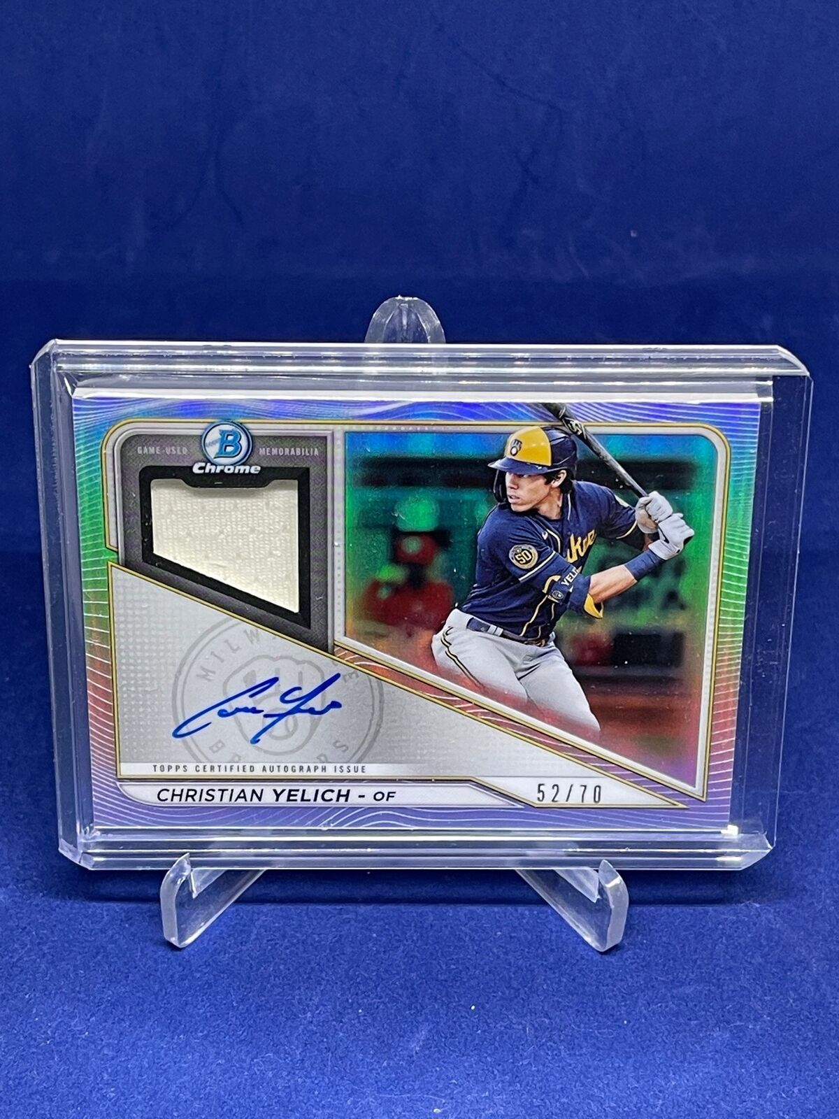 CHRISTIAN YELICH 2021 BOWMAN CHROME REFRACTOR JERSEY ON CARD AUTO #D 52/70