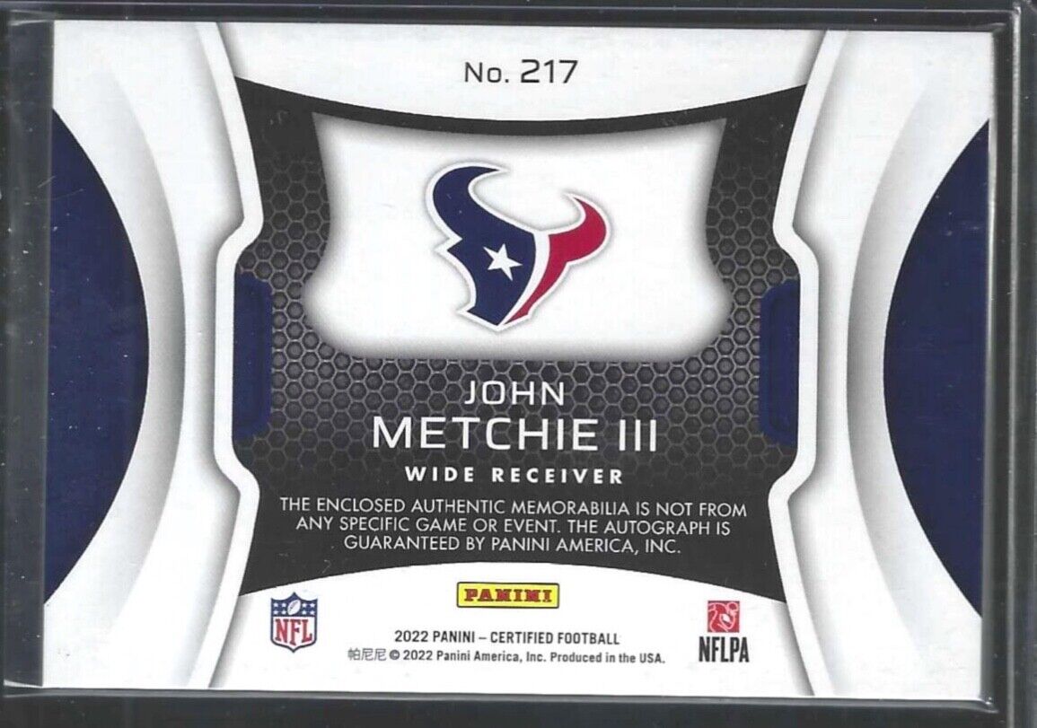 JOHN METCHIE III 2022 PANINI CERTIFIED FRESHMAN FABRIC PATCH AUTO RC #D 200/299