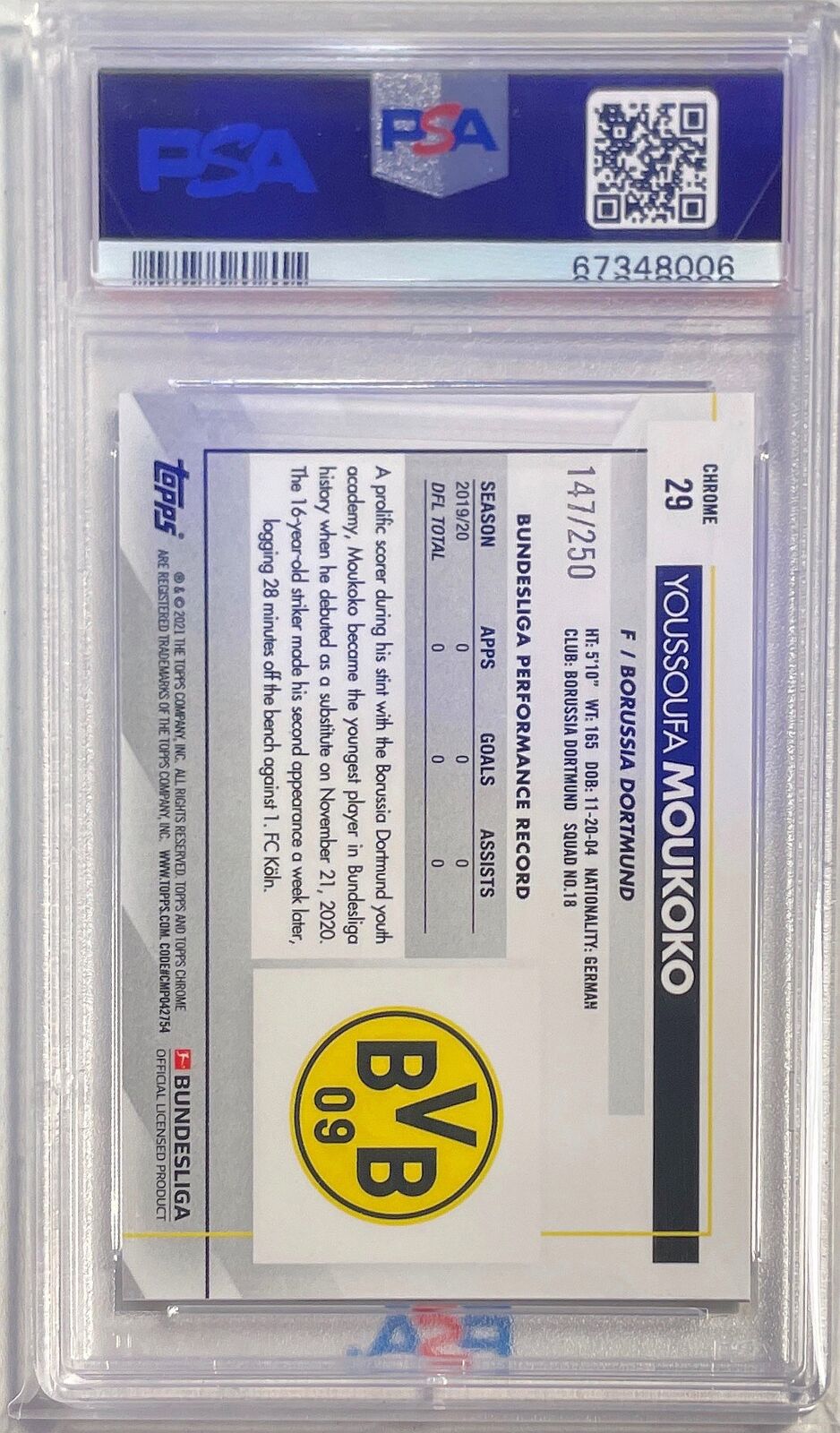 YOUSSOUFA MOUKOKO 2020-21 TOPPS CHROME BUNDESLIGA X-FRACTOR RC /250 PSA 10 GEM