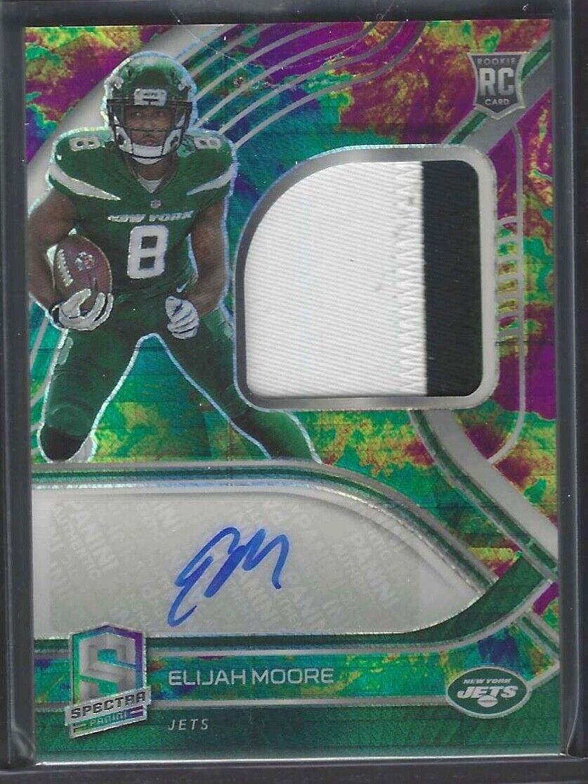 ELIJAH MOORE 2021 PANINI SPECTRA HYPER PRIZM ROOKIE PATCH AUTO RC #D 62/99