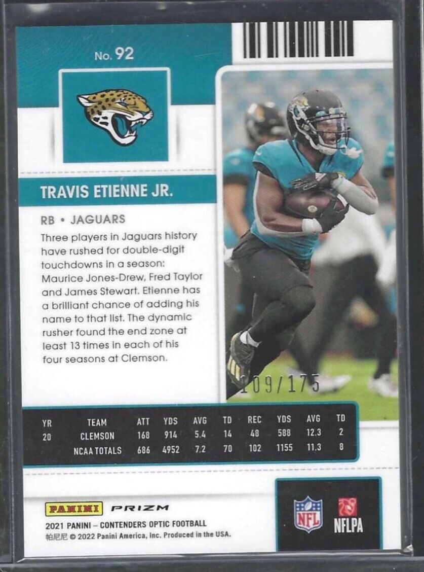 TRAVIS ETIENNE JR 2021 PANINI OPTIC CONTENDERS RED PRIZM ROOKIE TICKET RC /175