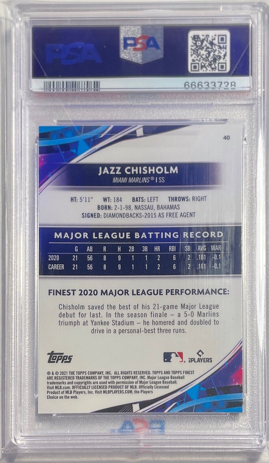 JAZZ CHISHOLM 2021 TOPPS FINEST ROOKIE RC #40 PSA 10 GEM MINT POP 7