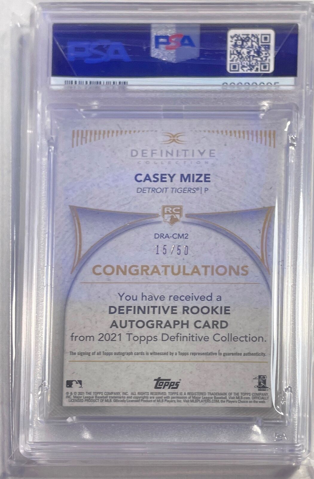 CASEY MIZE 2021 TOPPS DEFINITIVE AUTO ROOKIE RC #D 15/50 PSA 10 GEM MINT POP 1/1