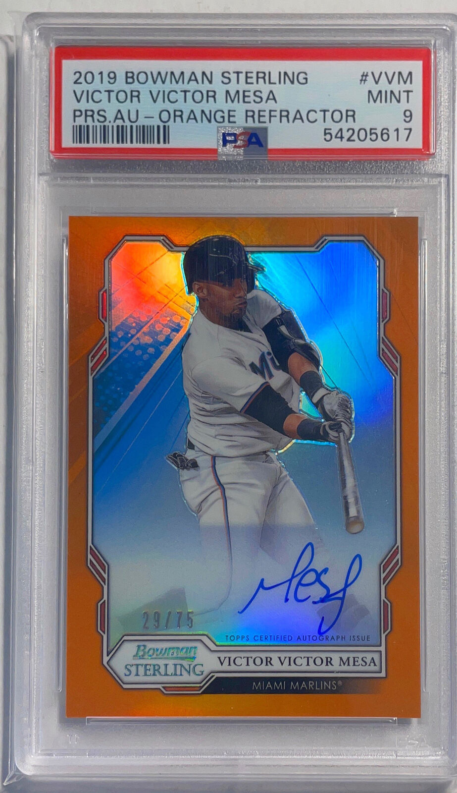 VICTOR VICTOR MESA 2019 STERLING ORANGE REFRACTOR AUTO #D 29/75 PSA 9 MINT POP 2