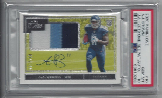 A.J. BROWN 2019 PANINI ONE RPA 3 COLOR PATCH ON CARD AUTO RC /199 PSA 10 POP 2