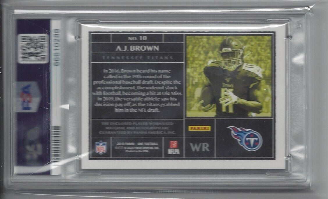 A.J. BROWN 2019 PANINI ONE RPA 3 COLOR PATCH ON CARD AUTO RC /199 PSA 10 POP 2